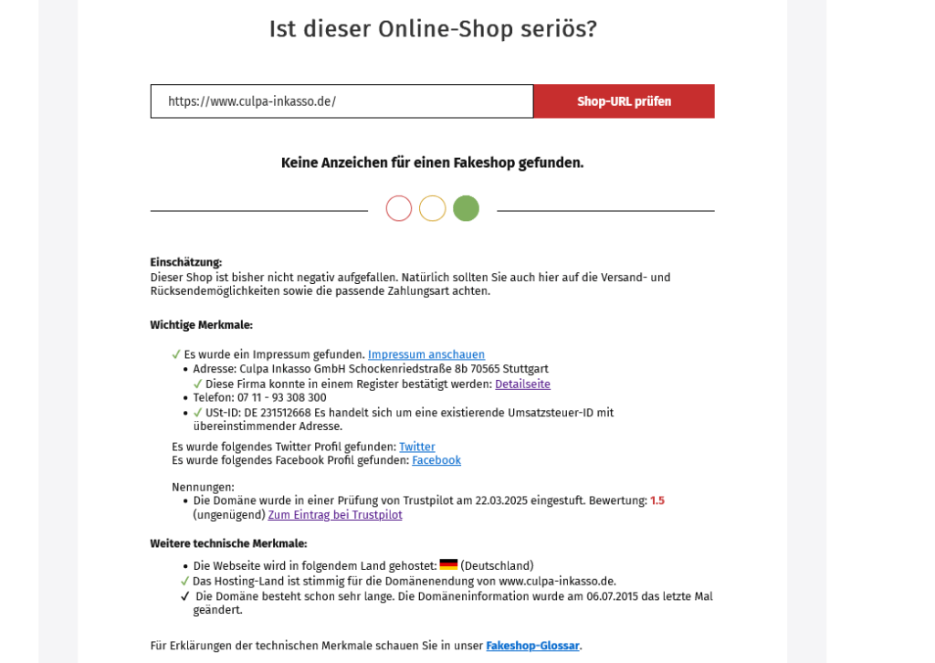 Fakeshop Finder | 1 überraschendes Tool? 4 Fakeshop FInder - Ergebnis zu Culpa Inkasso