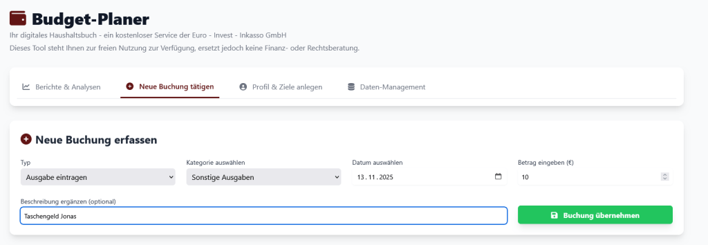 Budget-Planer - Musternutzer (Buchungsbeispiel)