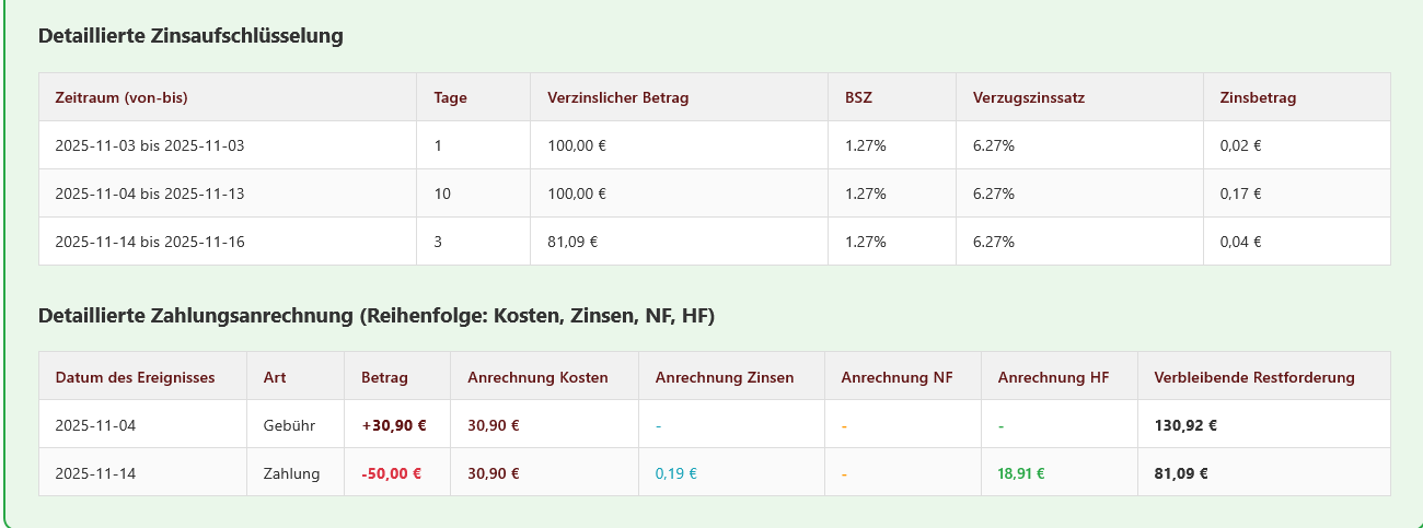 Forderungsrechner - Zinstabelle (dynamisch), sowie Kosten - und Zahlungsanrechnungstabelle